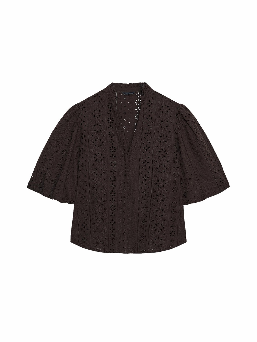 Zara Eyelet Puff Sleeve Blouse in Brown Size Small - Picture 2 of 5